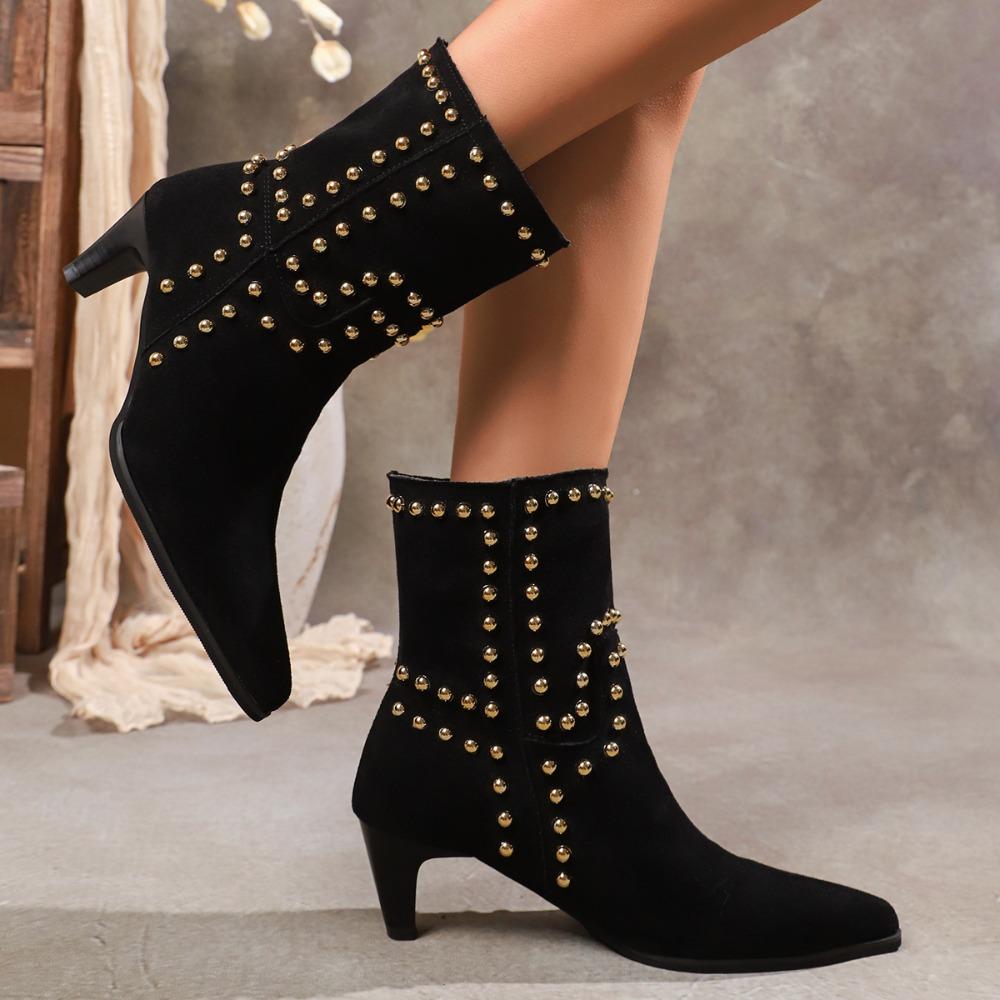 Stivali Autunnali da Donna con Borchie Tacco Alto Donna Camoscio 2026 Autunno e Inverno Stivali a Punta con Tacco Alto Scarpe da Donna