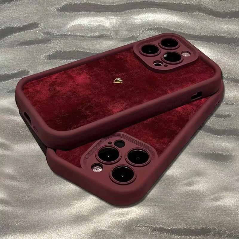 Burgundy Suede With Golden Heart Pattern TPU Soft Case For iPhone 17 16 15 14 Plus 13 12 11 Pro Max 17 Air 16E X XR XS Cover