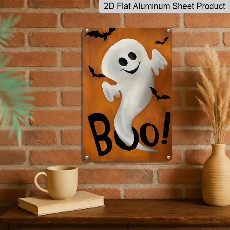2D Flat Boo Cute Ghost Bat Orange Background Metal Sign - 8.0x12.0inch Aluminum Wall Art, Funny Halloween Front Porch Farmhouse Decor, Pre-Drilled
