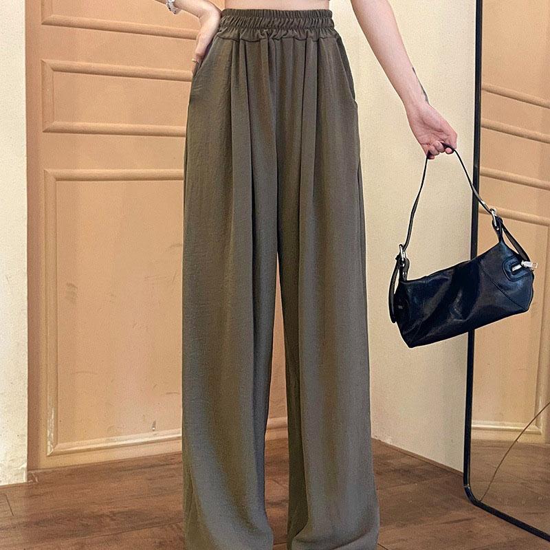Women Ankle-Length Wide Leg Pants Casual Summer Solid Elastic Waist Loose Ice Silk Pants Spring Summer Female Trousers