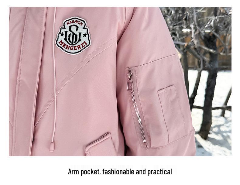 Women's Winter Hooded Cotton-Padded Parka with Stand-Up Collar and Badge Design