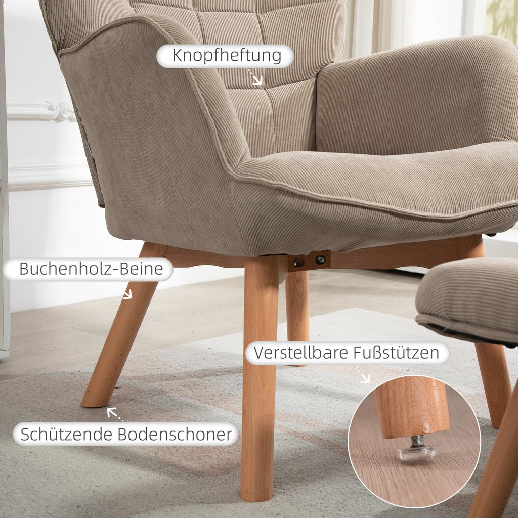 Accent Chair with Stool, Recliner In Corduroy Look, Armchair with Wooden Legs, for Living Room, Light Brown