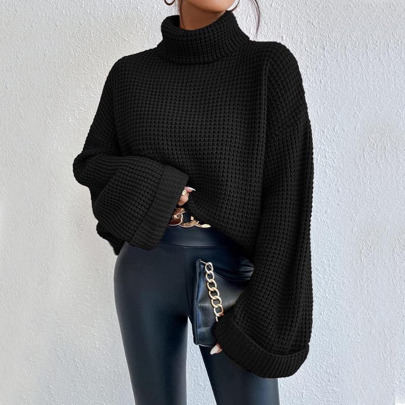 MD1006 European Women's Knitwear High Neck Bell Sleeve Pullover Sweater