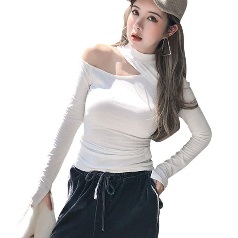 

Женский топ с воротником-стойкой и длинными рукавами, женская футболка с вырезами и открытыми плечами One Size