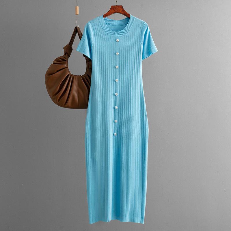 Fashionable Single Breasted Round Neck Knitted Long Dress Summer Hip Hugging And Slimming Knitted Dress