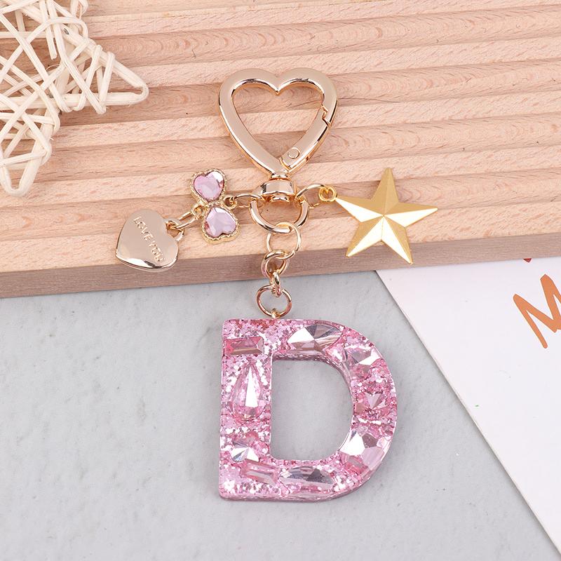 Cute  Bling Keychain A To Z Initial Letter Love Heart Star Pink For Women Girls Bag Cup Pendant Key Chain Accessories