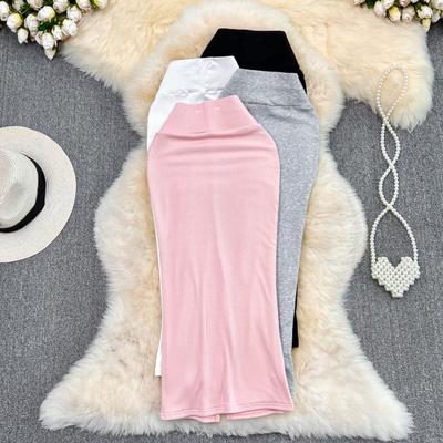 Women Midi Skirt Solid Color Back Slit Design High Waist Fishtail Skirt Hip Wrapped Office Wear Pencil Skirt