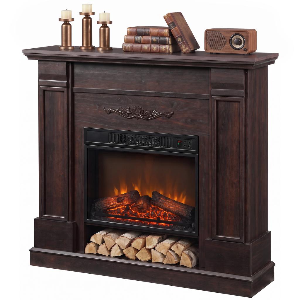 Electric Fireplace Floor/Recessed with Frame and Shelf for 55'' TV, 1800W, 3D Flame Effect, Timer, Brown