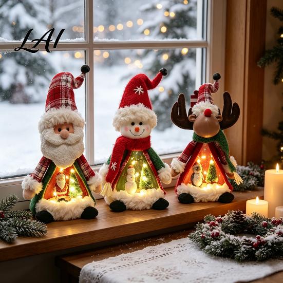 Standing Christmas Character Set Lighted Doll Decoration Cute Plush Santa Claus/Snowman/Reindeer Figurine with Holiday Home Interior Decor