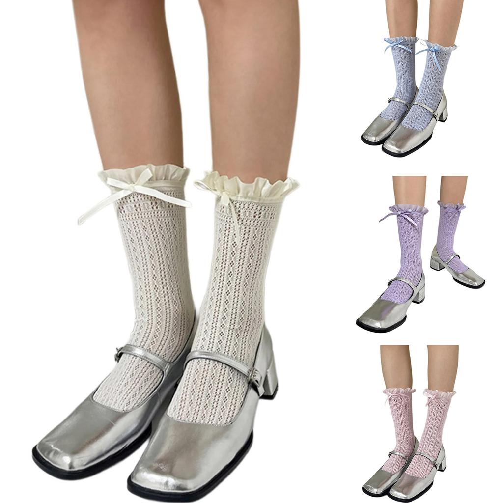 Student Elegant Hollowed Out Lace Ruffle Frilly Socks Women Japanese Style Middle Tube Calf Socks with Ribbon Bowknot