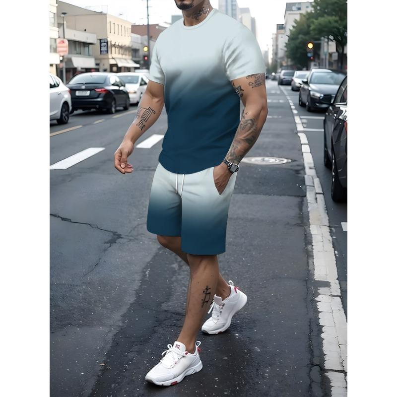 Men's 3D Gradual Change Short Sleeve Suit Running Moisture Wicking Round Neck T-Shirt Training Exercise Set Sport Shirt Tops