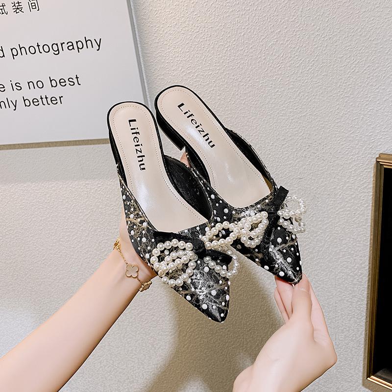 Summer New Shoes for Women Beautiful Slipper Pointed Toe Pearl Bowknot Casual Sandals Girl Match Dress Heels Mules Slides
