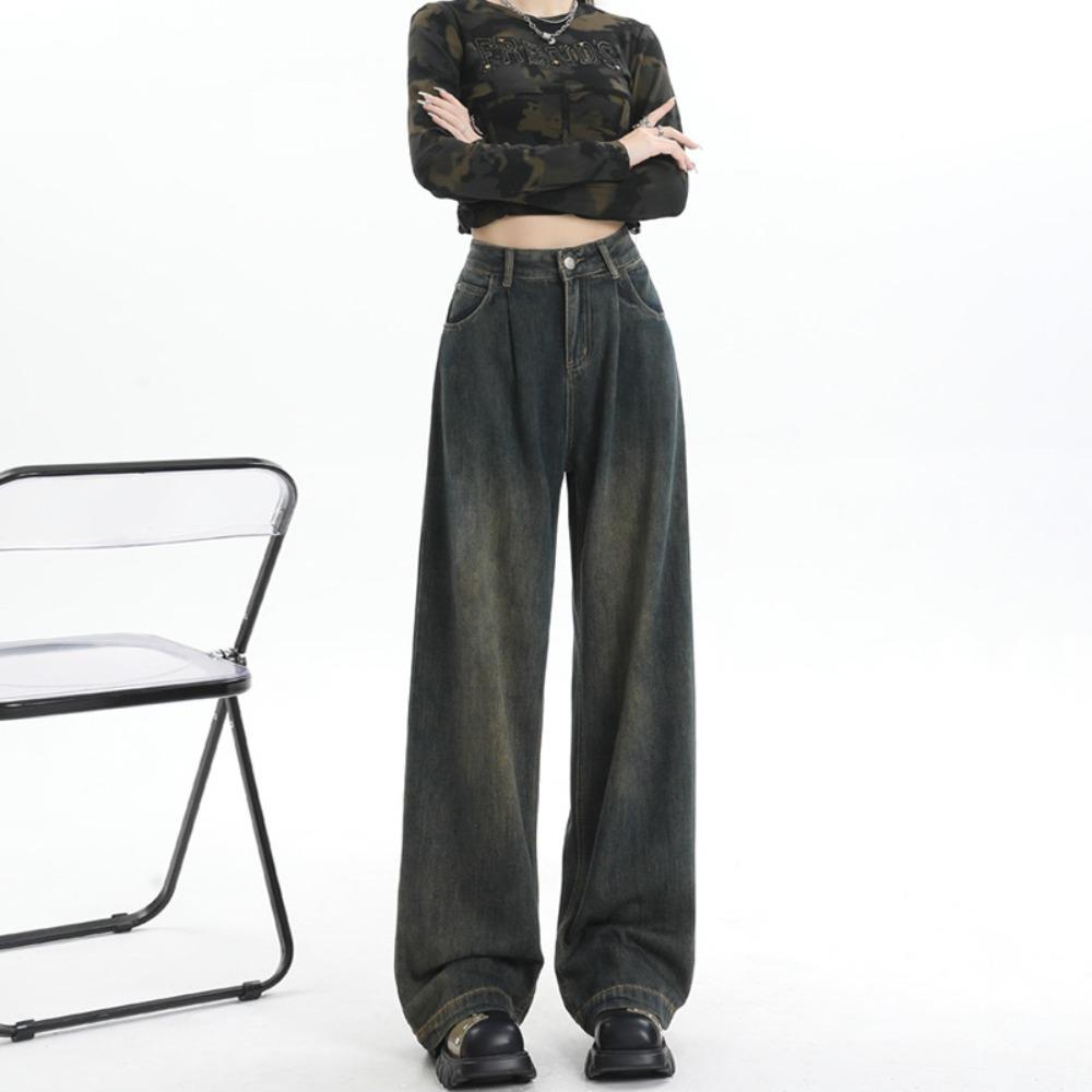 Lazy Wind High Waist Wide Legs Cement Gray Jeans Women's Thin Loose Versatile Straight Drape Pants