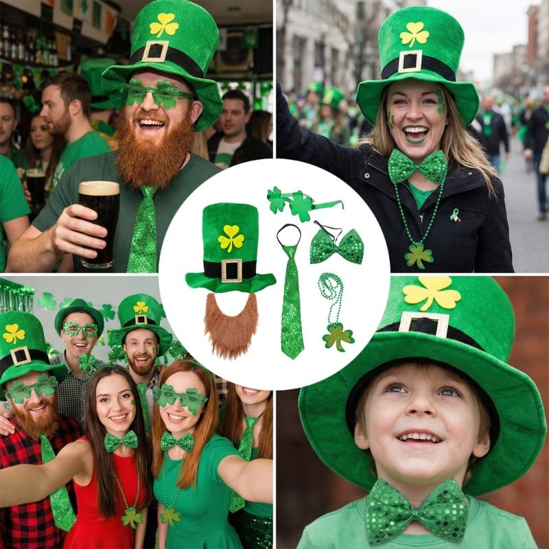 Patrick's Day Complete Irish Clovers Costume Set Green Hat Shamrock Beard Sequined Tie Necklace and Glasses