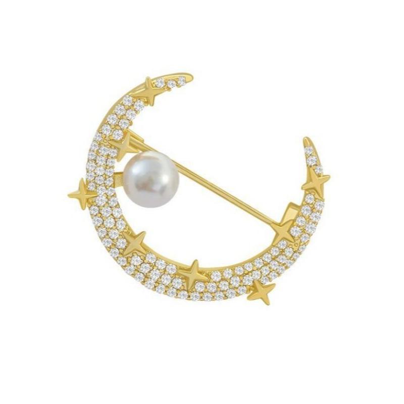 Fashion Sparkling Full of Rhinestone Brooches for Women Moon Pearl Star Lapel Pins Jewelry Accessory Gifts