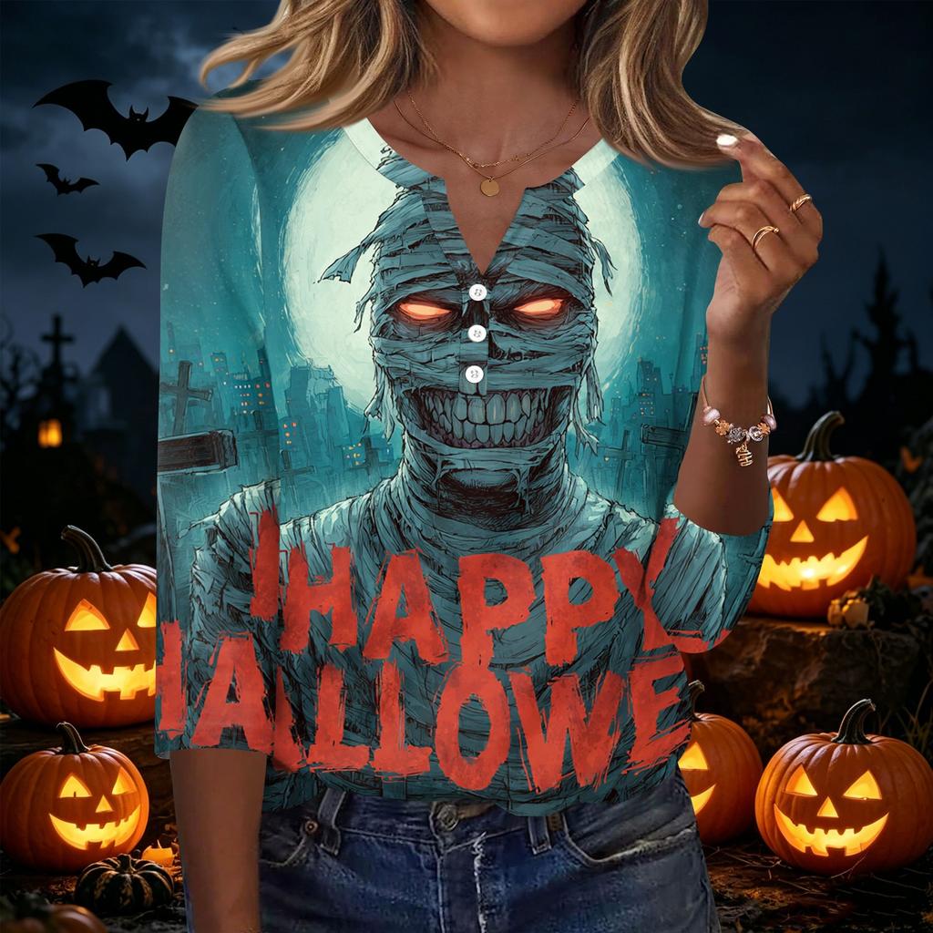 Women Casual Halloween Printed V Neck Button Three Quarter Sleeve T Shirt Top Lightweight Comfortable Fit Seasonal Style
