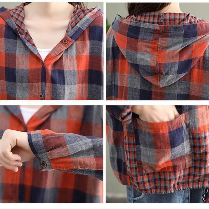 Artistic Retro Checkered Long Sleeved Shirt for Women Spring Autumn Drawstring Tied Casual Short Cardigan Jacket