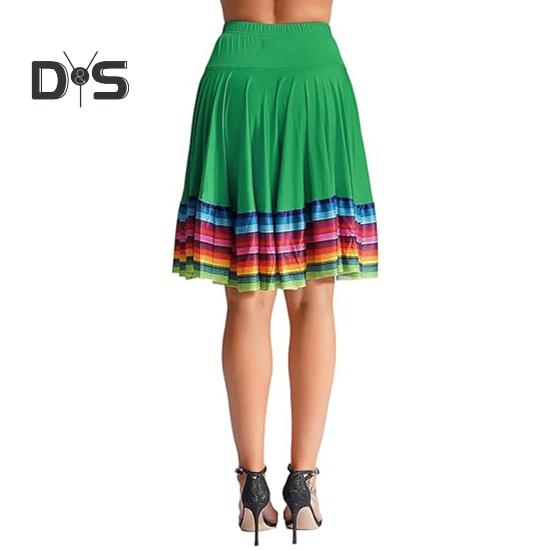 Midi Skirt Ladies Folk Dance Skirt Elastic High Waist Spanish Swing Skirt Rainbow Large Swing Hem Mexican Flamenco Performance Skirt