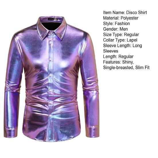 Men Disco Shirt Shiny Golden Sequin Metallic Dress Shirt Lapel Long Sleeve