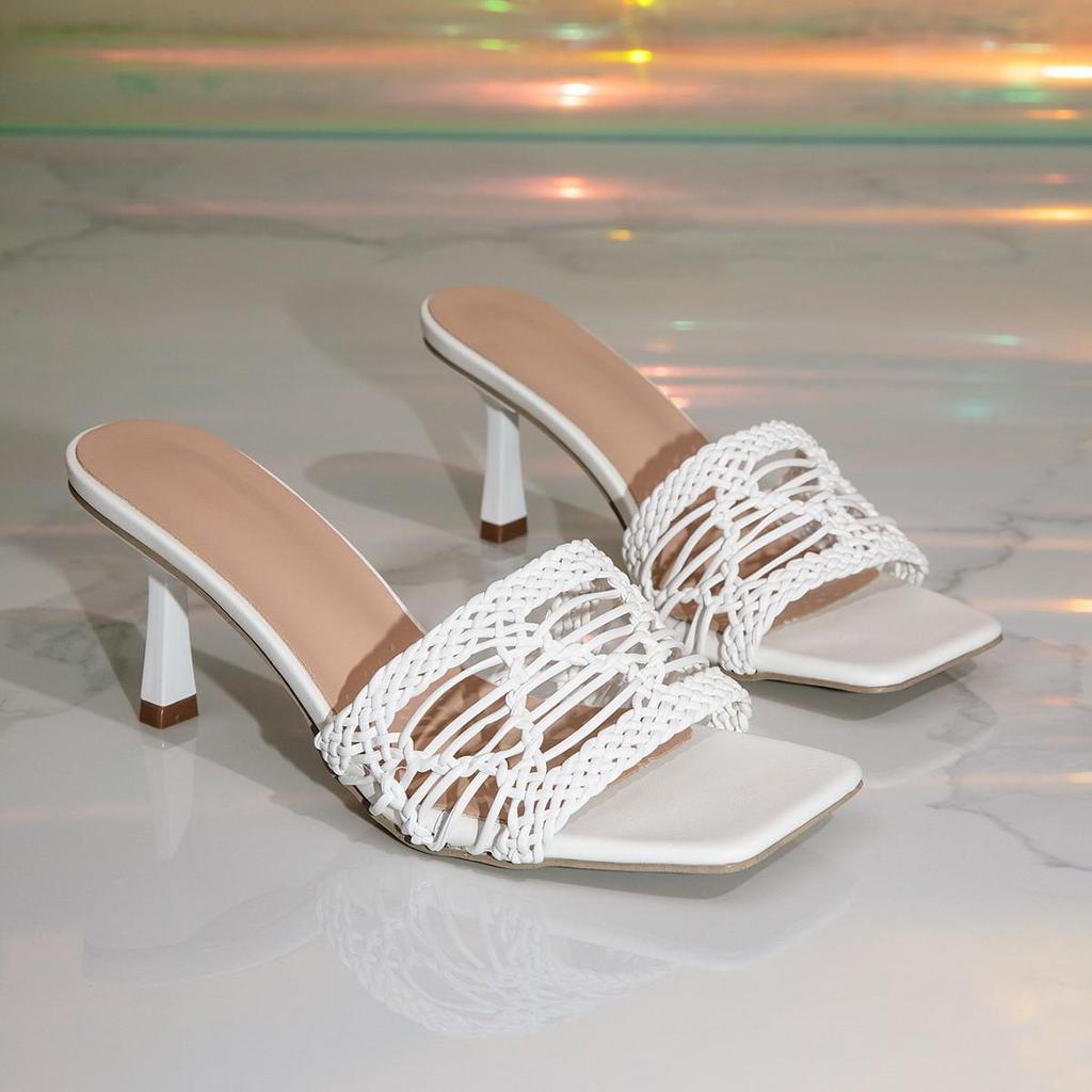 2026 Summer Women's Stiletto Square Toe High-heeled Slides - European and American Hollow Design Sandals