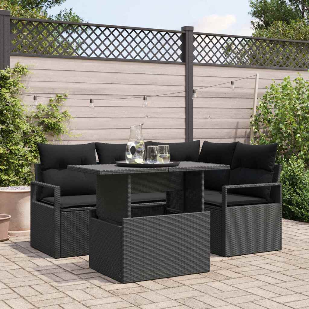Garden Sofa Set with Cushions 5 pcs Black Poly Rattan
