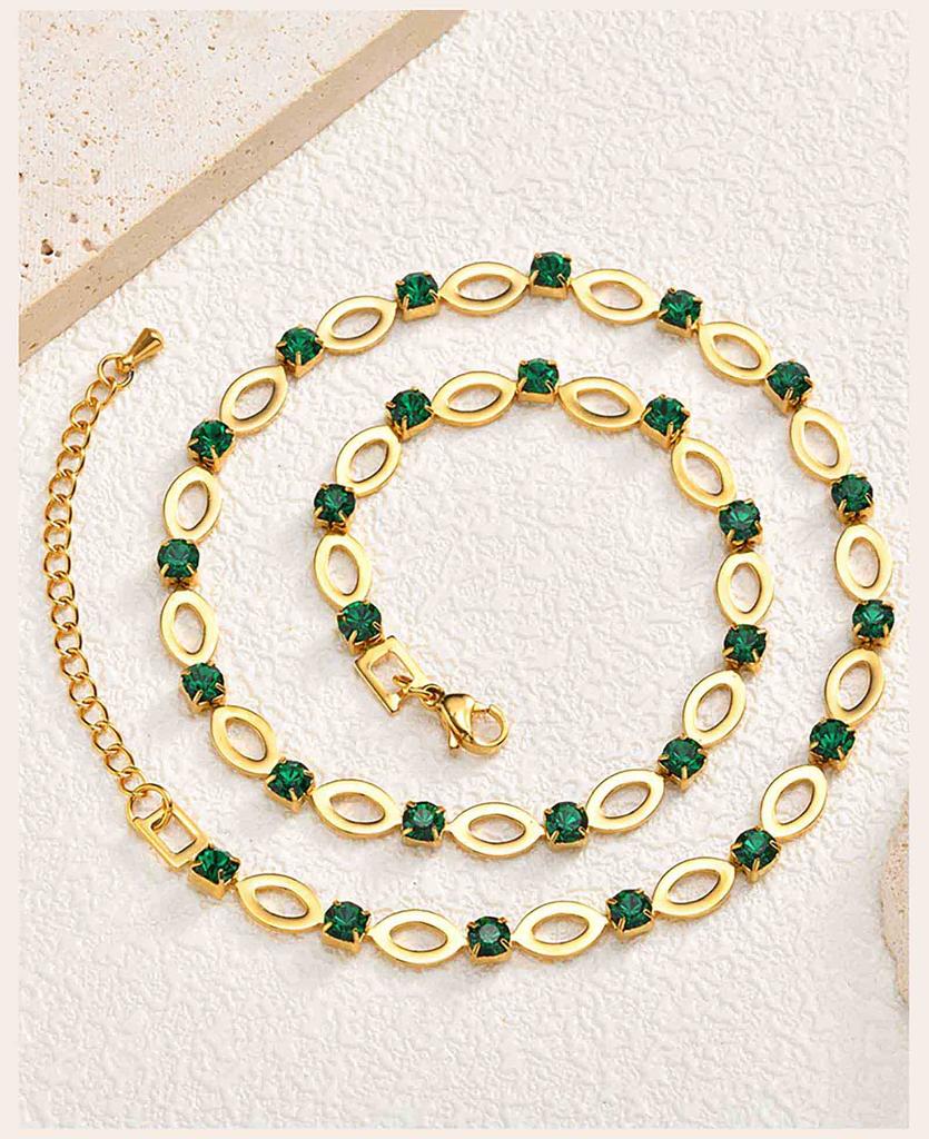 Crystal Zircon Hollow Oval Chain Necklace for Women, Gold Color Stainless Steel CZ Necklace, Elegant Party Wedding Jewelry