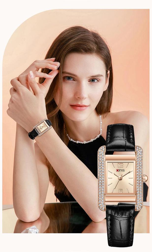 OFNS Elegant Women's Square Dial Watch: Simple Niche Bar Markers, Waterproof, Luxury Diamond Inlaid Quartz.