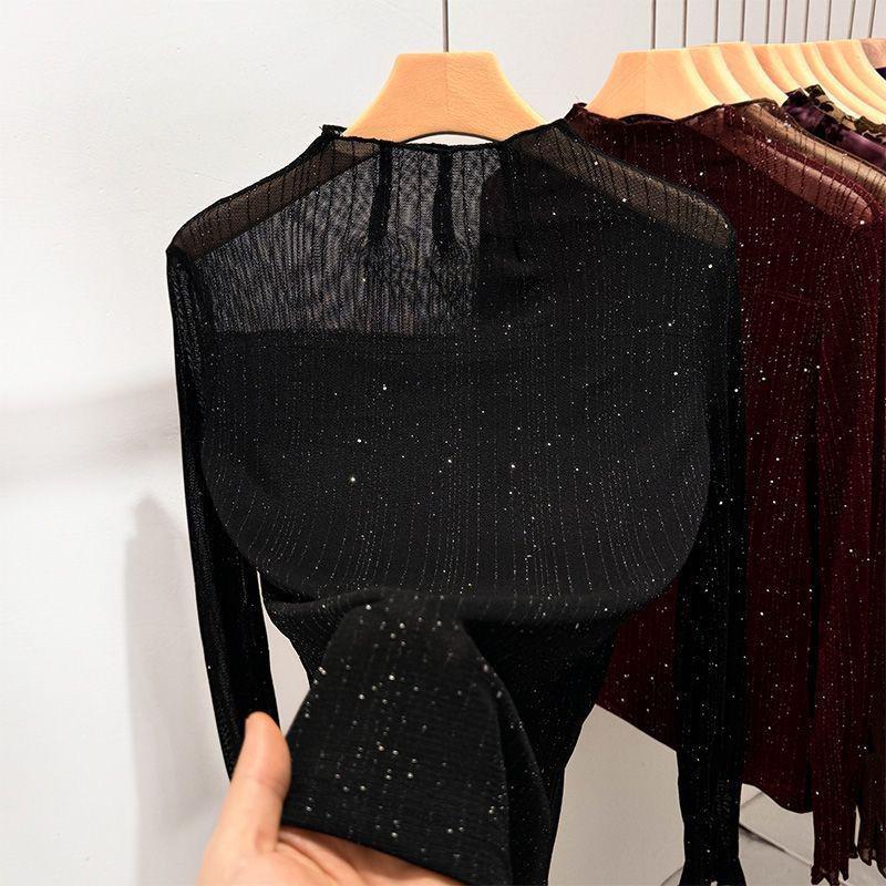 Women's Sparkling Semi-High Neck Mesh Base Layer: 2026 Slim Fit Long Sleeve T-Shirt, Shiny Silk for Spring/Autumn