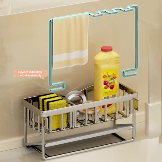 Kitchen Sink Caddy Stainless Steel Sponge And Brush Holder with Adjustable Divider Auto Drain Tray Countertop Organizer for Utensils Dish Soap Bottle
