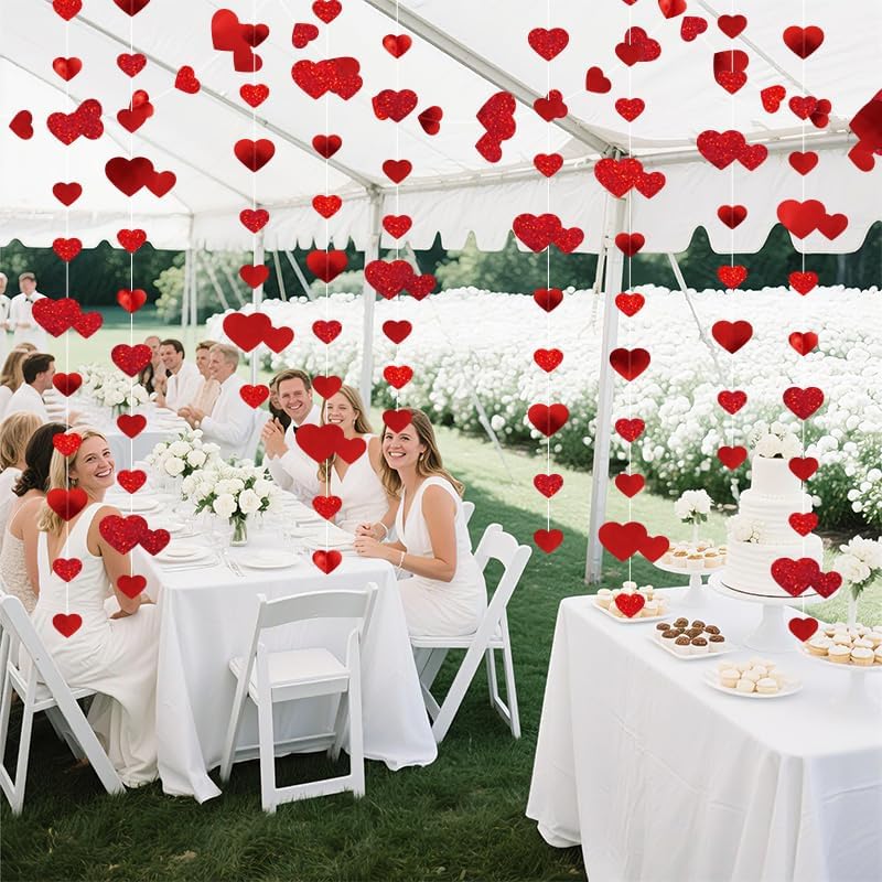 2pcs total 8m Red Heart Garland Hang Love Streamer Glitter Heart Backdrop for Wedding Engagement Valentines Party Decor