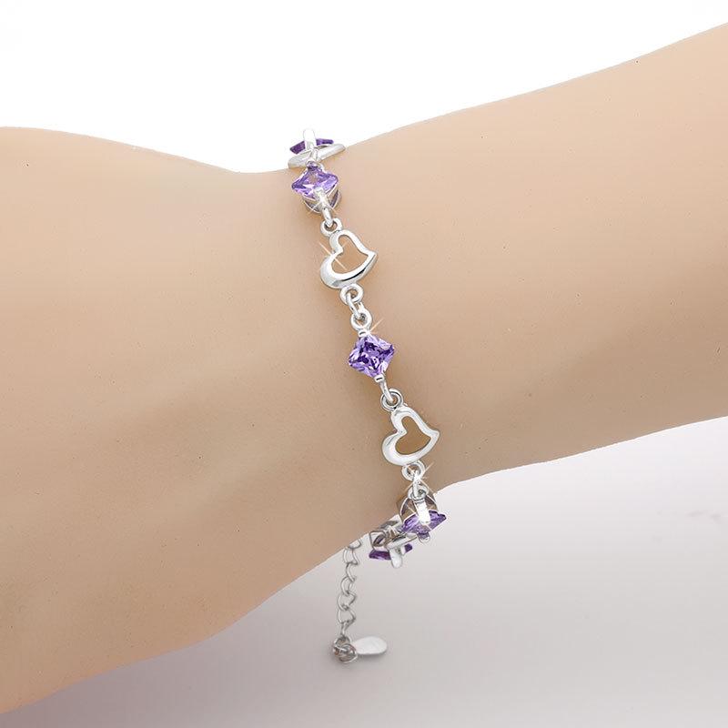 Heart-to-Heart Amethyst Zircon Couple Bracelets - Romantic Heart-Shaped Accessories