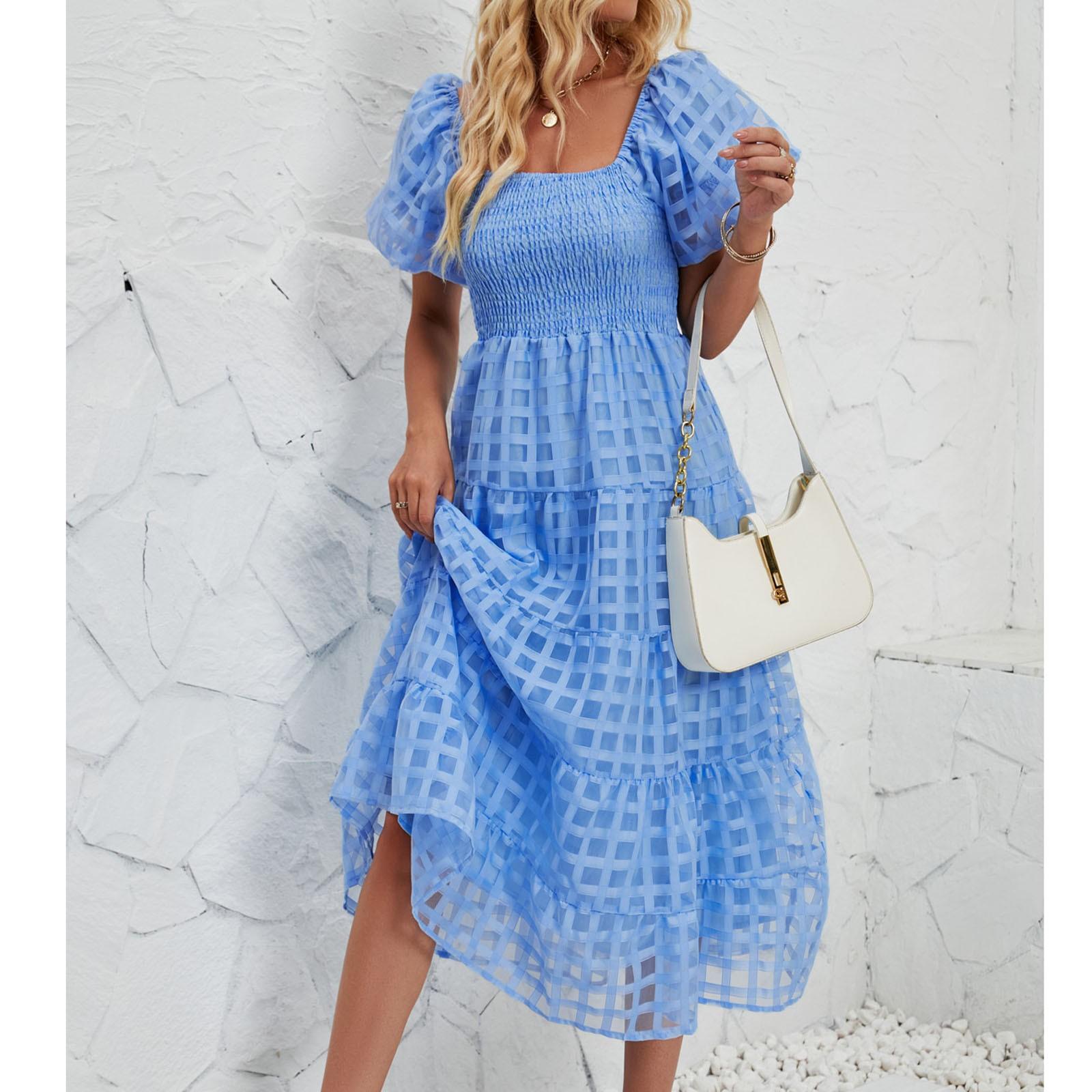 

Женское свободное и модное длинное платье, платье-фонарик с короткими рукавами, юбка А-силуэта S синий