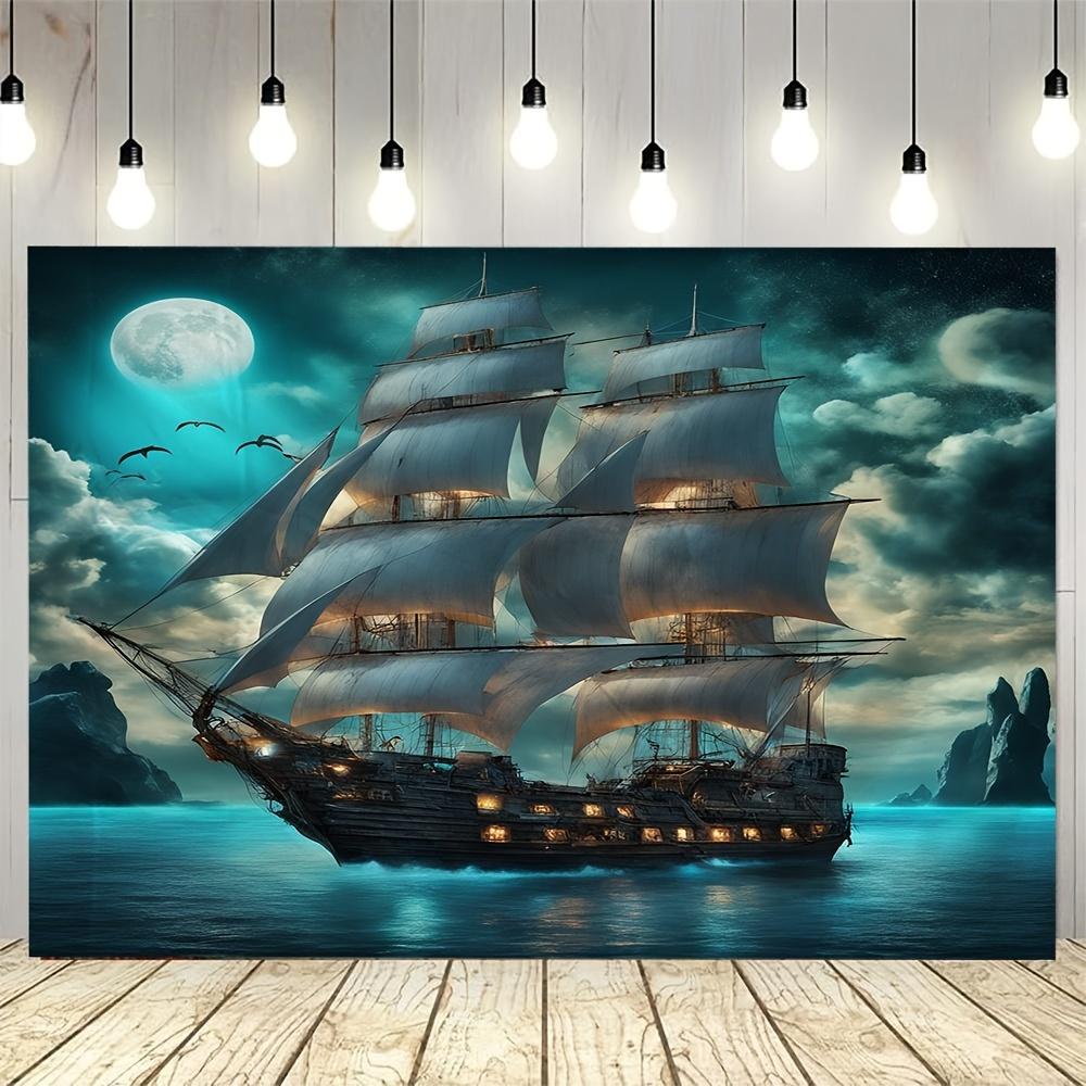 Moonlit Pirate Ship Tapestry Polyester Wall Hanging Nautical Decor Living Room home decor aesthetic 100X70CM