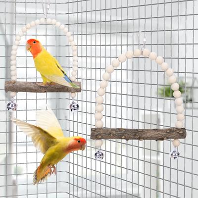 Jouet balançoire pour oiseaux avec perles, clochettes, pour limer les dents, perchoir en bois naturel pour perroquet, balançoires suspendues, fournitures pour oiseaux