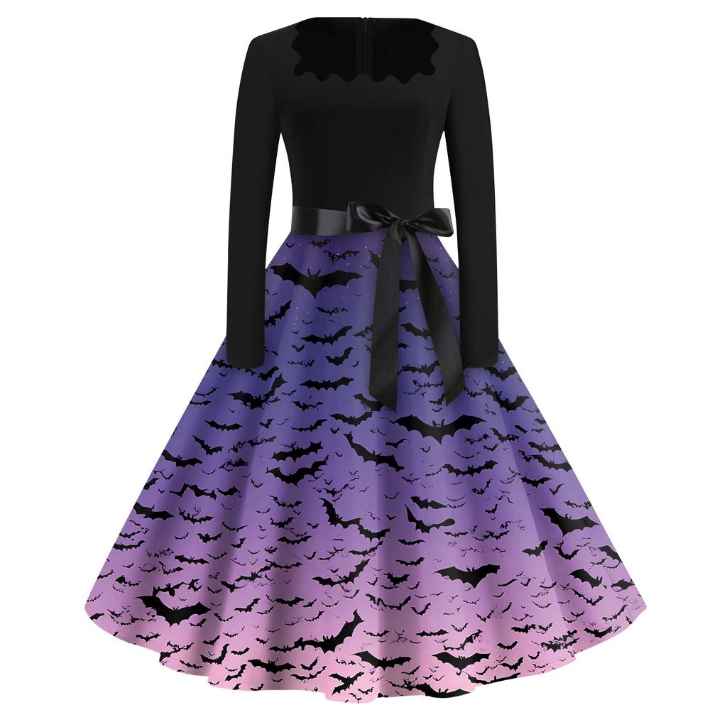 Halloween Print Flare Dress For Women Long Sleeve Dress Hollow Party Casual Dresses