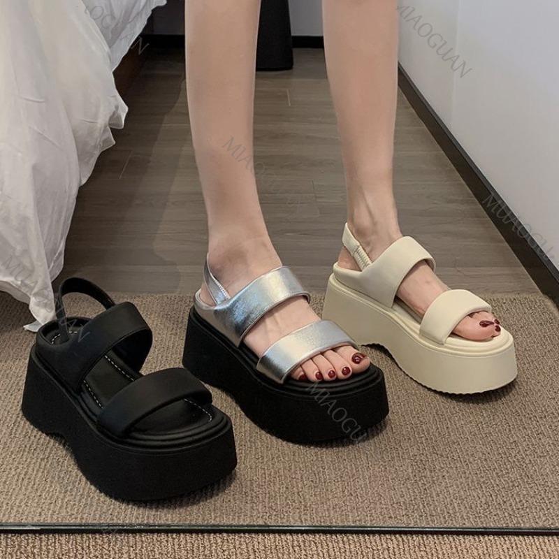 Fashion Summer 2025 Chunky Sandals Women's Wedge Heels Slides 8CM High Heels Leather Casual Woman Beach Thick Bottom Sandales Femmes