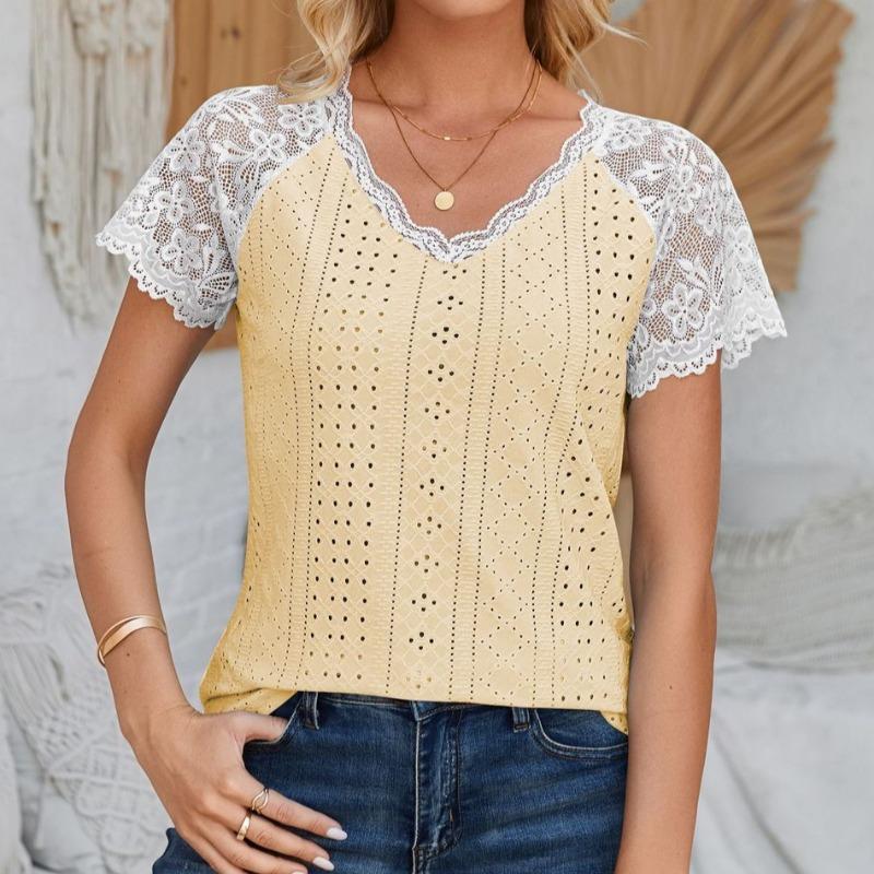 Women's Spring Summer V-neck Lace Splicing Loose Casual T-shirt
