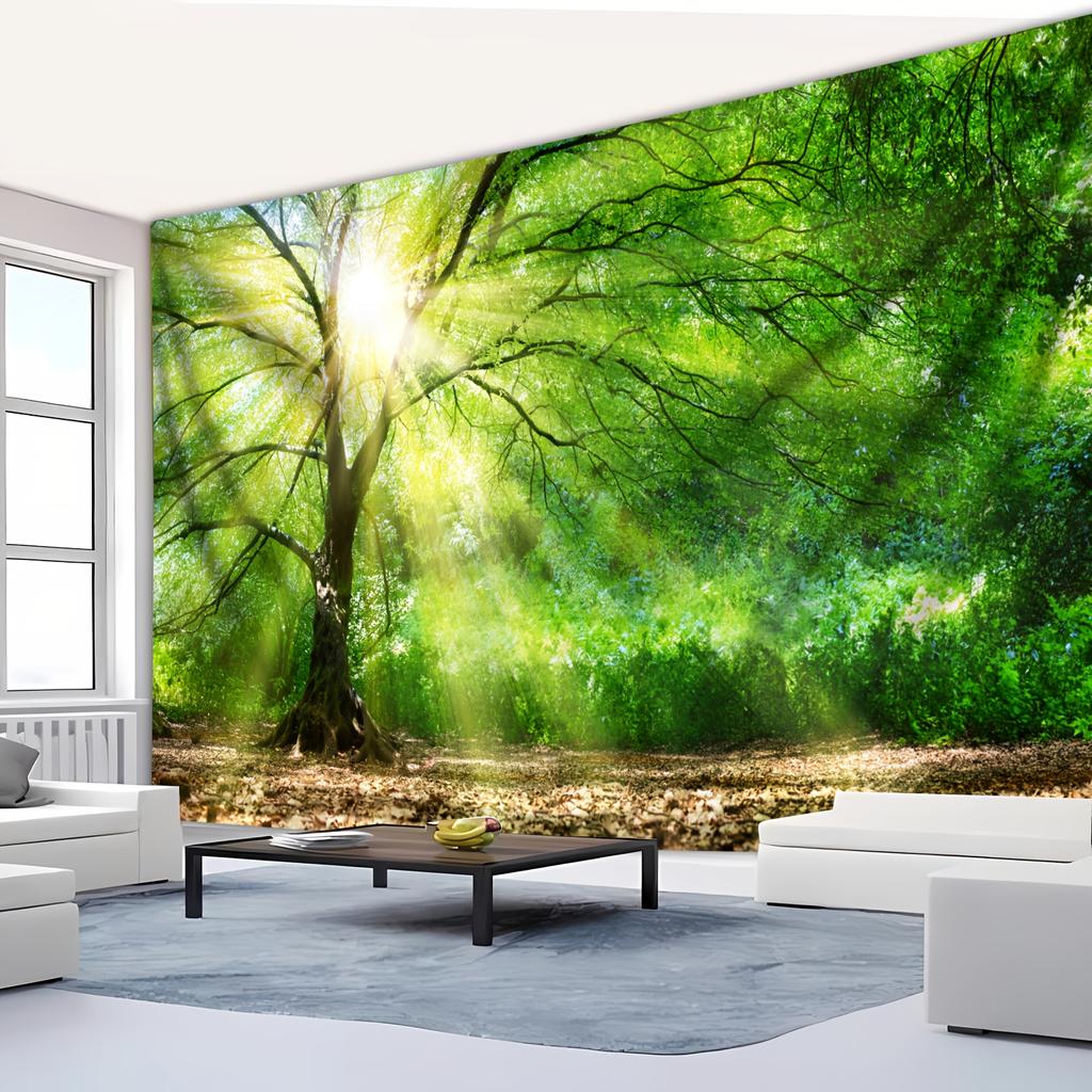 Sunshine Forest Tree Tapestry Green Leaf Canopy Light Ray Nature Wall Decor Living Room Sofa Backdrop Serene Woodland Meditation