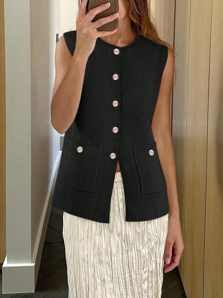Women's Sleeveless Button Down Sweater Vest Round Neck Knit Cardigan Tank Top