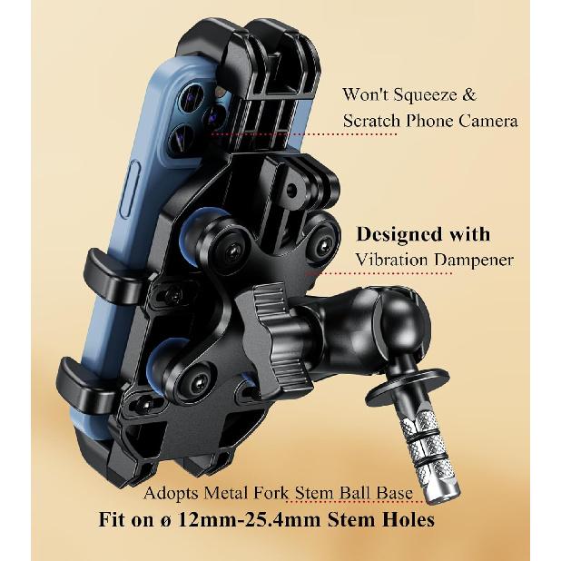 BRCOVAN Motorcycle Fork Stem Phone Mount Holder With Vibration Dampener, Heavy Duty Cellphone Cradle Fit Stem Tubes 12Mm-25.4Mm In Diameter,