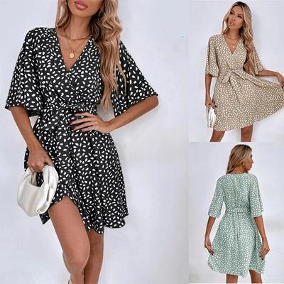 Sommer Elegante frauen Fledermaus Ärmel Sexy V-ausschnitt Saum Unregelmäßigen Kleid Neue frauen Gedruckt Mode Lose Mini Abend Maxi kleid D41