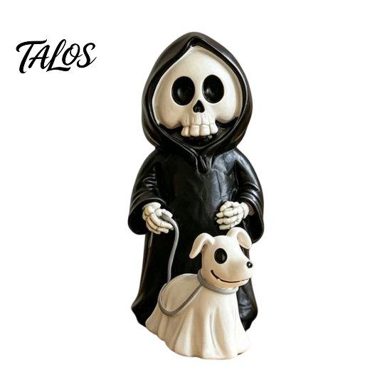 3D Carved Skeleton Decoration Grim Reaper & Ghostly Puppy Resin Figurine, Black Robed with Cute Dark Healing Halloween Figure Ghost Dog Statue, Gothic