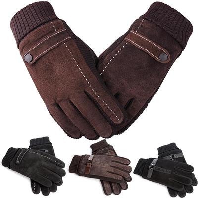 Winter Pigskin Mens Velvet Inner Warm Gloves Leather Thicken Cotton Windproof Driving Mittens