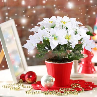 7 Heads Christmas Artificial Poinsettia Flowers Faux Poinsettia Bush Bouquets