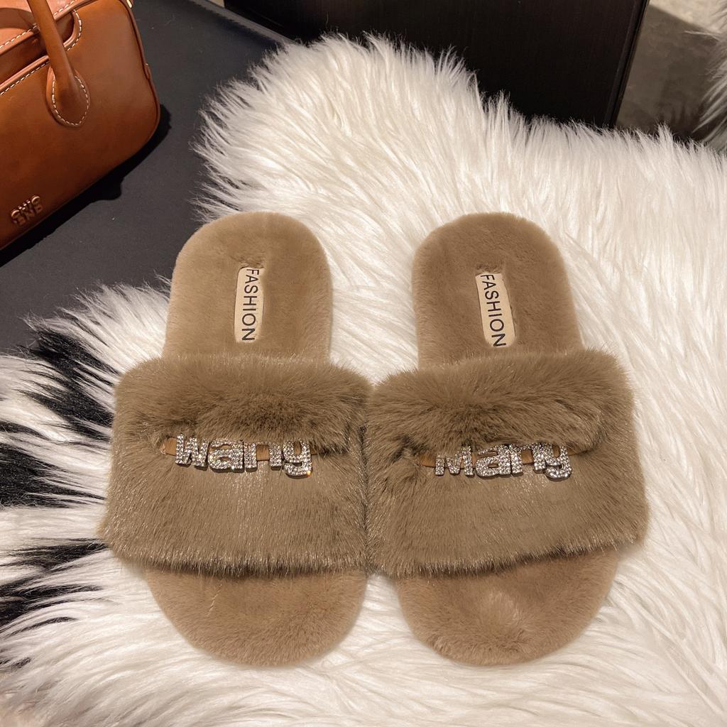 Mao Mao slippers fashionable versatile rhinestone letter non-slip girls flat bottom one-word slippers in autumn and winter 2025