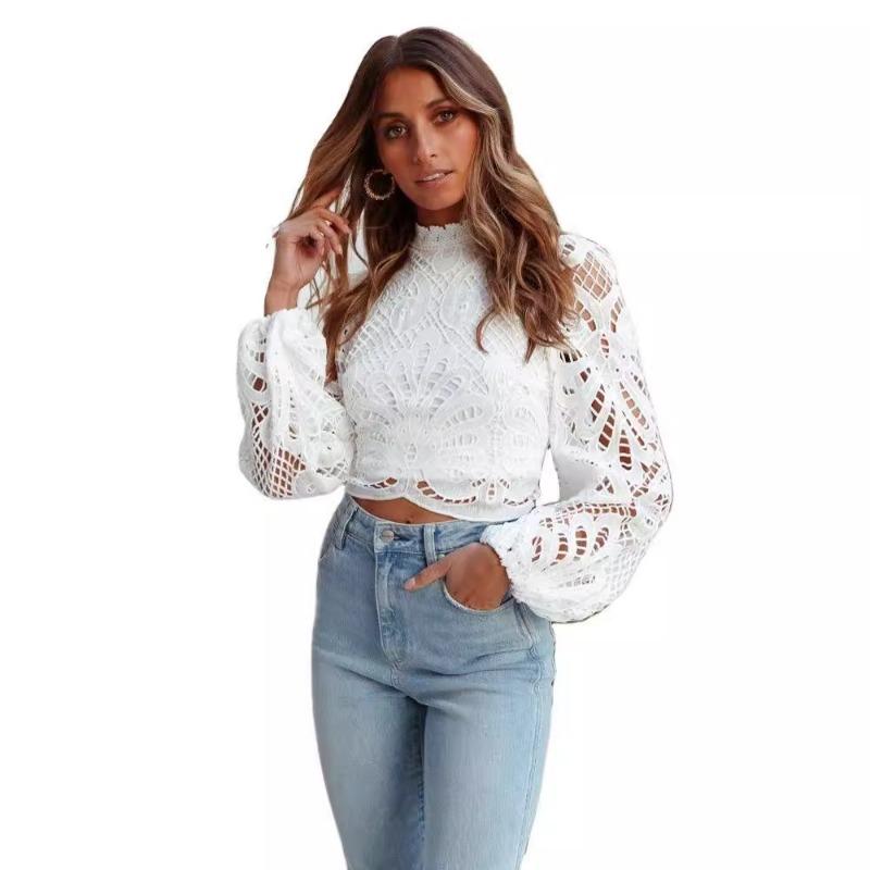 Women's New Sexy Hollow Out Long Sleeve Zipper Solid Colour Lace Shirt