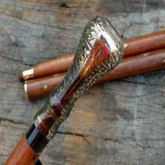 Hůl ve starožitném stylu, viktoriánská, vintage, designová, mosazná rukojeť, dřevěná vycházková hůl