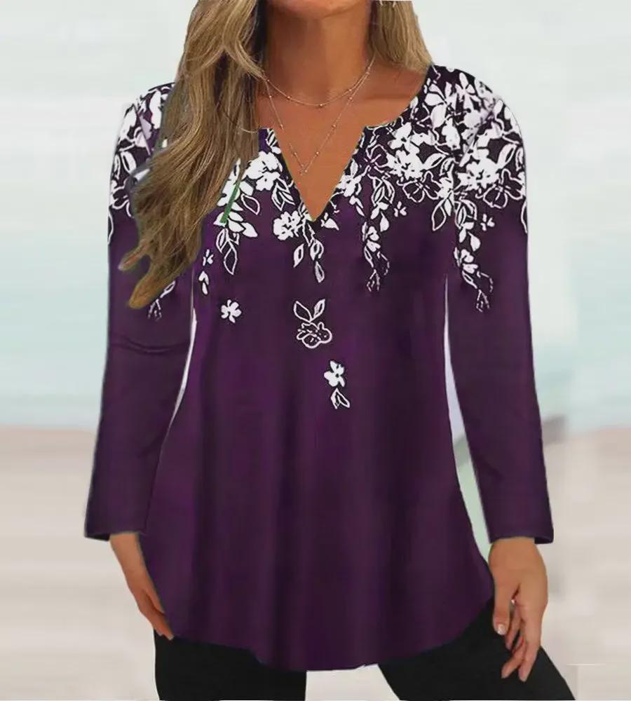 2023 Autumn/Winter Women's V-Neck Printed Long-Sleeve T-Shirt
