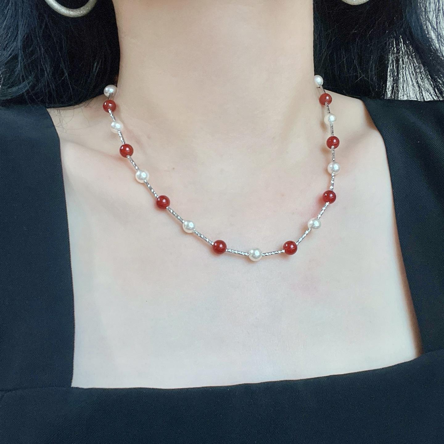 Natural Chalcedony Artificial Crystal Pearl Design Necklace Collarbone Chain
