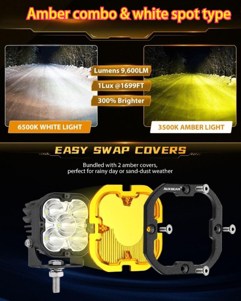 AUXBEAM 6 Types 3 Inch LED Pod Lights White & Amber Spot / Flood / Combo Driving Work Light for ATV SUV Truck Pickup Boat